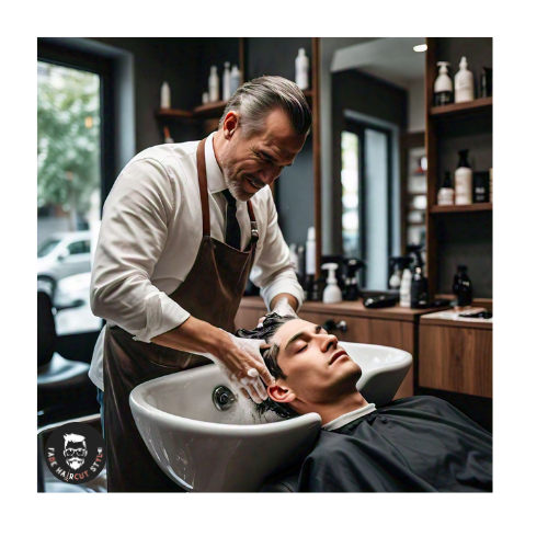 Barber washing hair before high fade haircut